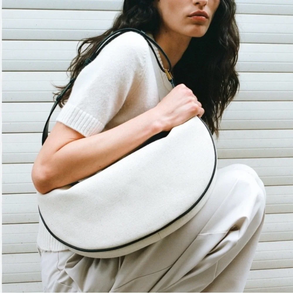 Zara linen off white ecru & black trim contrast oval crescent shoulder bag purse - Picture 4 of 8